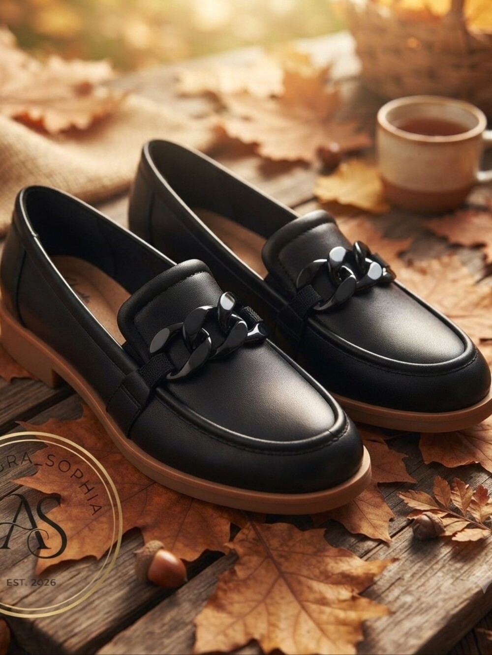 NWT Clarks Zylah May Black Leather Chain-Accent Platform Wedge Loafers Size 8.5